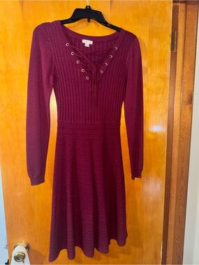 Xhilaration Burgundy Lace-Up Ribbed Knit Dress
